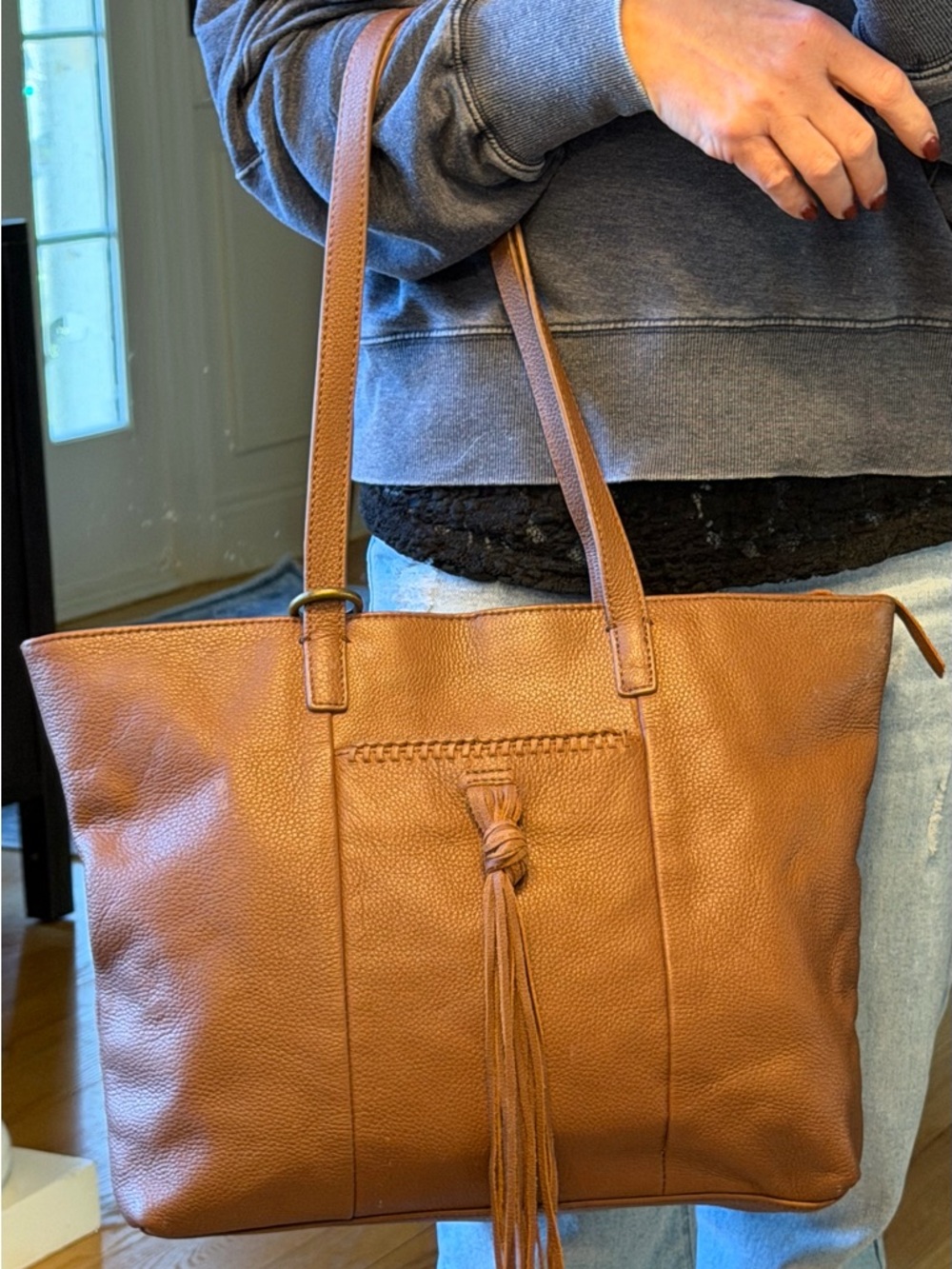 Lucky Brand boho mid-2010s leather tassel tote shoulder bag brown (GUC)